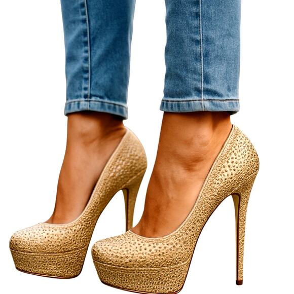 Pazzle 8.5 Gold Platform Jewels Sparkle Bling Women's Pump Shoe 5 Inch High Heel - Picture 1 of 8